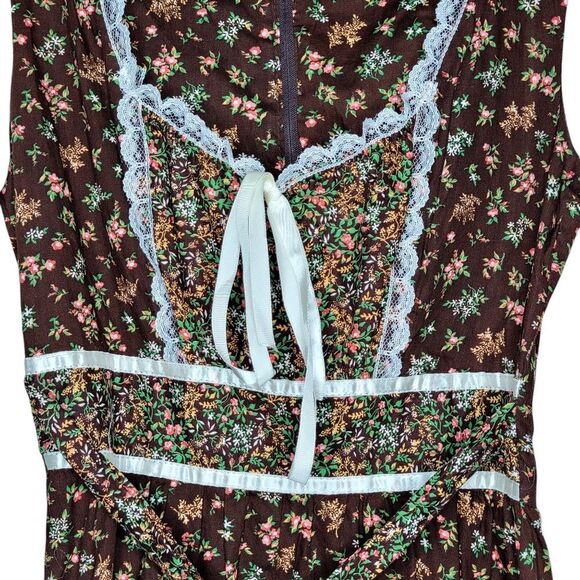 Vintage 70s Floral Prairie Dress Sheer Sleeves and Lace Trim Size 5 - Picture 3 of 11